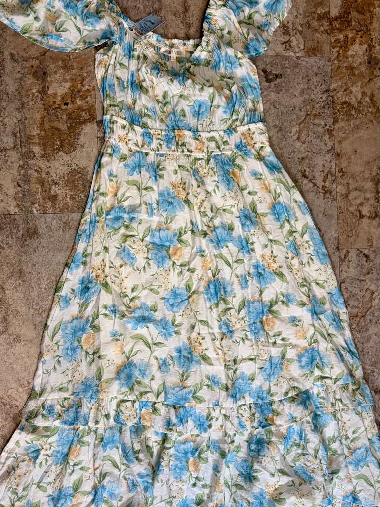 Mine Floral Cotton Midi Dress In Blue, Green, Cream